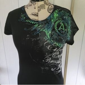 Aeropostale Black Tee with Green and Blue Accents